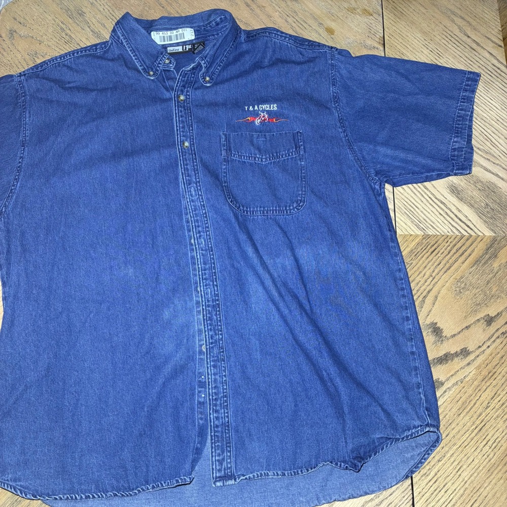 UniFirst U1st Mens 3XL Blue Denim SS T & A Cycles Biker Work Shirt 2205